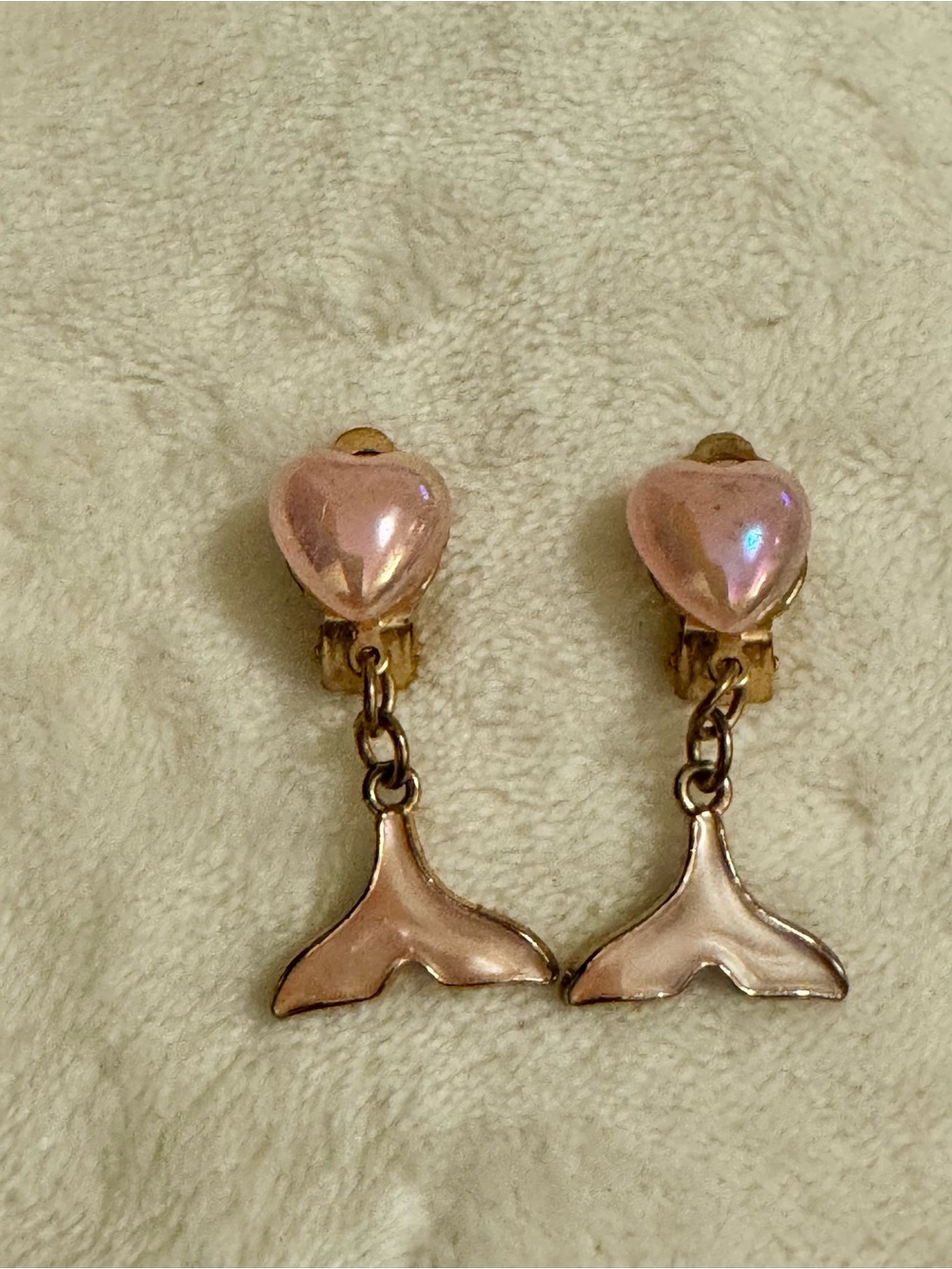 Heart & Mermaid Tail Dangle Clip On Earrings - Pink